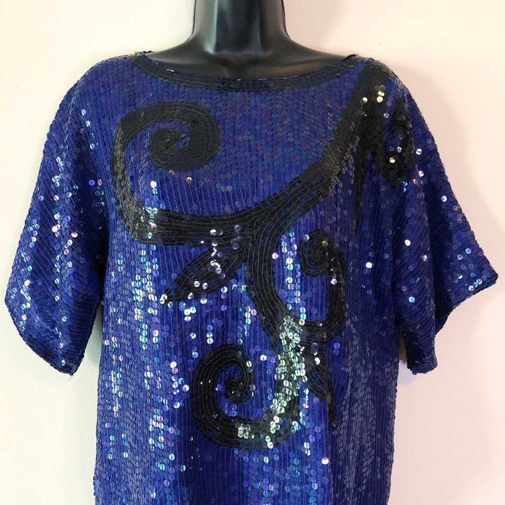 Vintage Blue Beaded Sequin Top - image 12