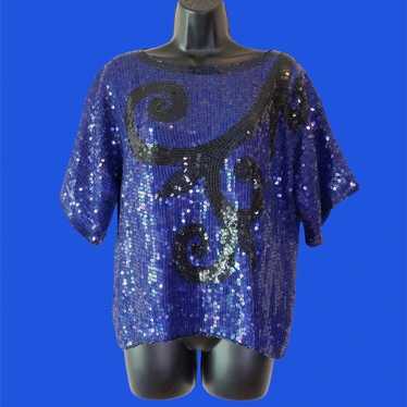 Vintage Blue Beaded Sequin Top - image 1