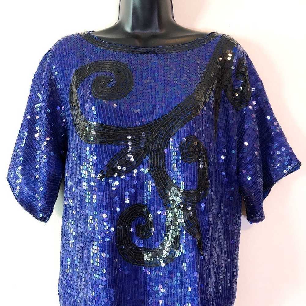 Vintage Blue Beaded Sequin Top - image 2