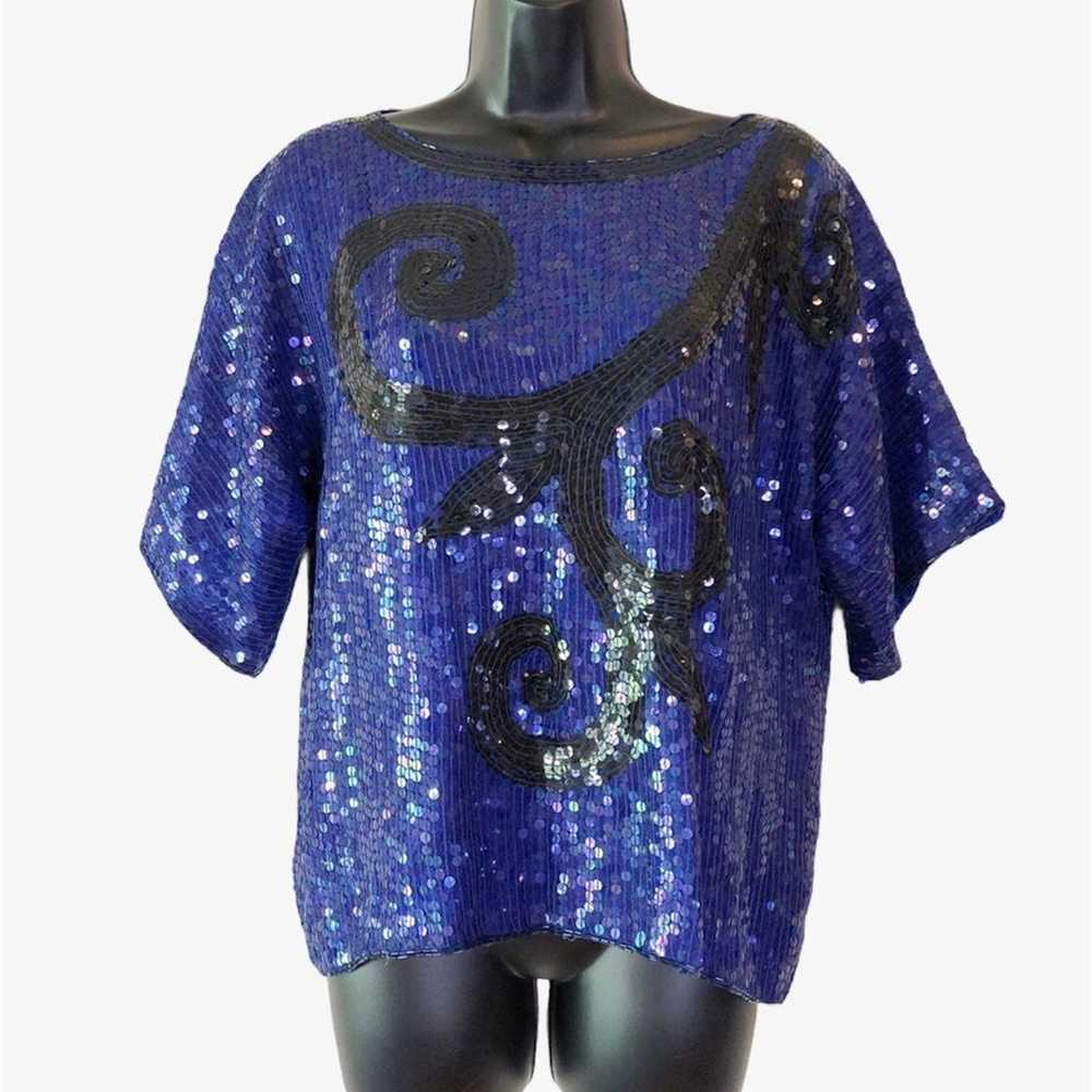 Vintage Blue Beaded Sequin Top - image 4