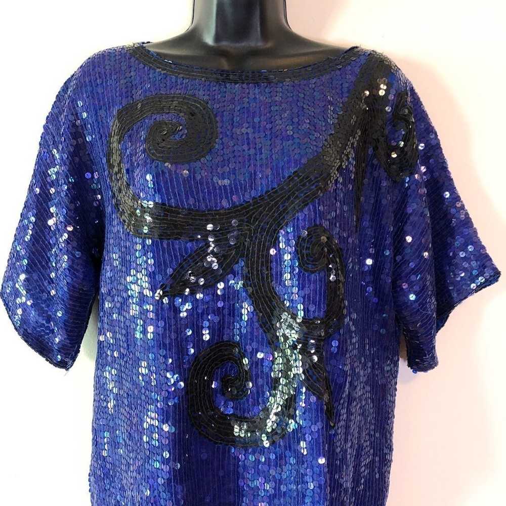 Vintage Blue Beaded Sequin Top - image 7