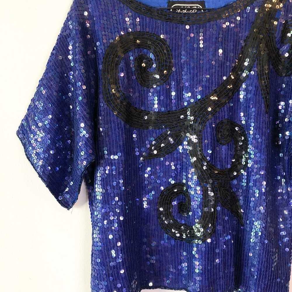 Vintage Blue Beaded Sequin Top - image 8