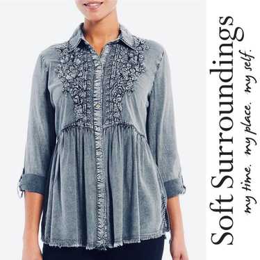 SOFT SURROUNDINGS Embroidered Button Front Roll-T… - image 1