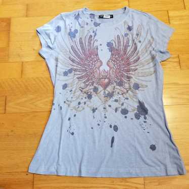 Vintage Print Wing Heart Tattoo Shirt - image 1