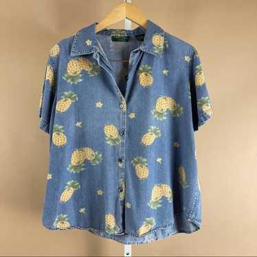 Vintage 90's Lemon Grass Pineapple Denim Button U… - image 1