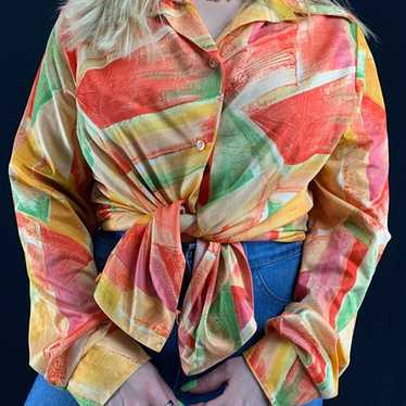 70s Hamilton 8 Long Sleeve Abstract Button Up Top - image 1