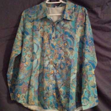 Vintage Silky 1960s Lg Blouse w Beautiful Blue, P… - image 1