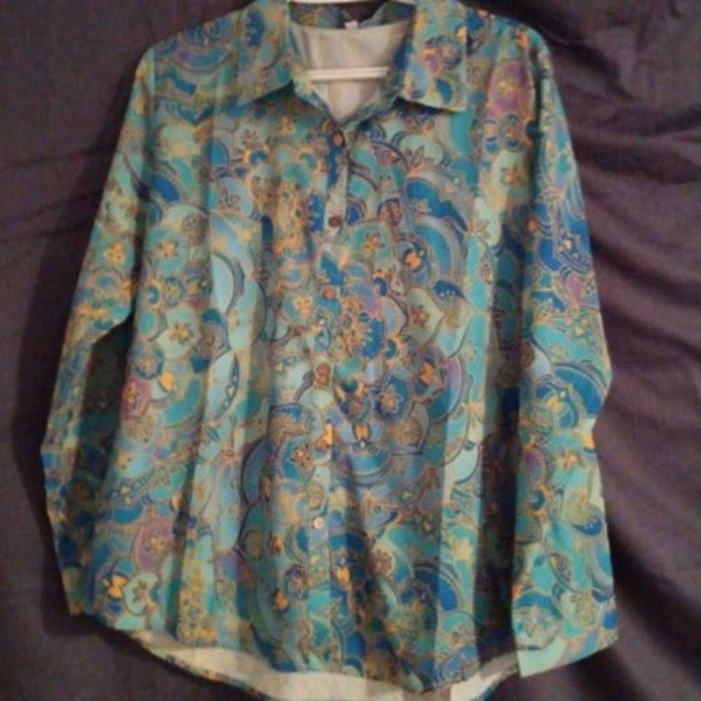 Vintage Silky 1960s Lg Blouse w Beautiful Blue, P… - image 5