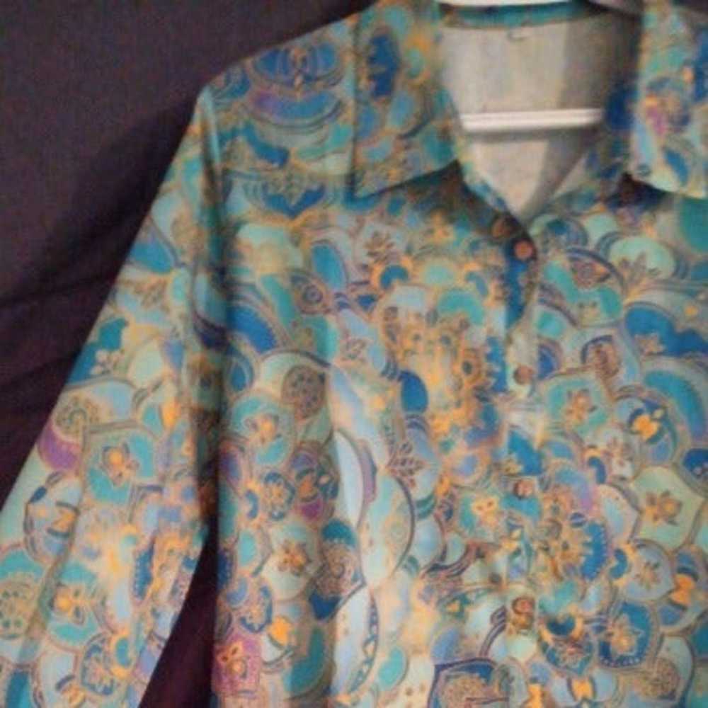 Vintage Silky 1960s Lg Blouse w Beautiful Blue, P… - image 6