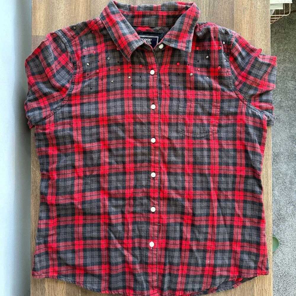 Y2K VS PINK Red Flannel Button Up Large Rhineston… - image 2