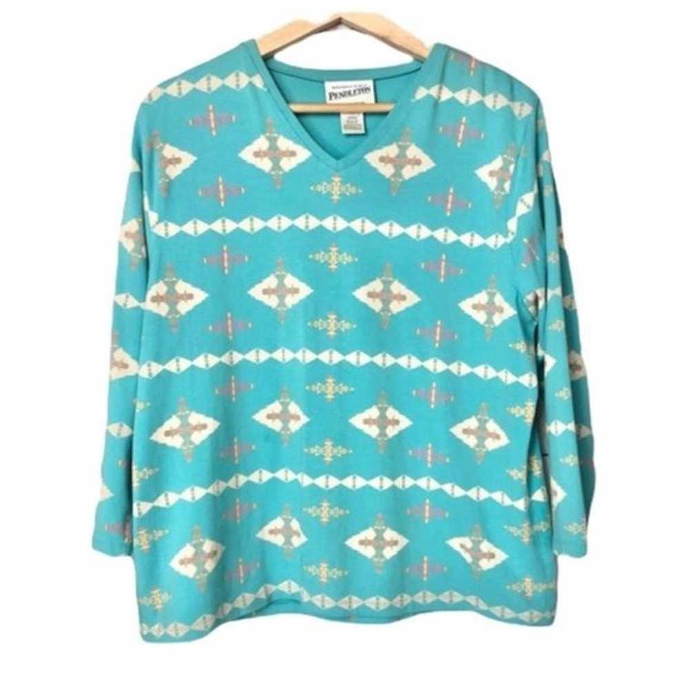 Pendleton Vintage Y2K Aztec Printed Blue Long Sle… - image 1