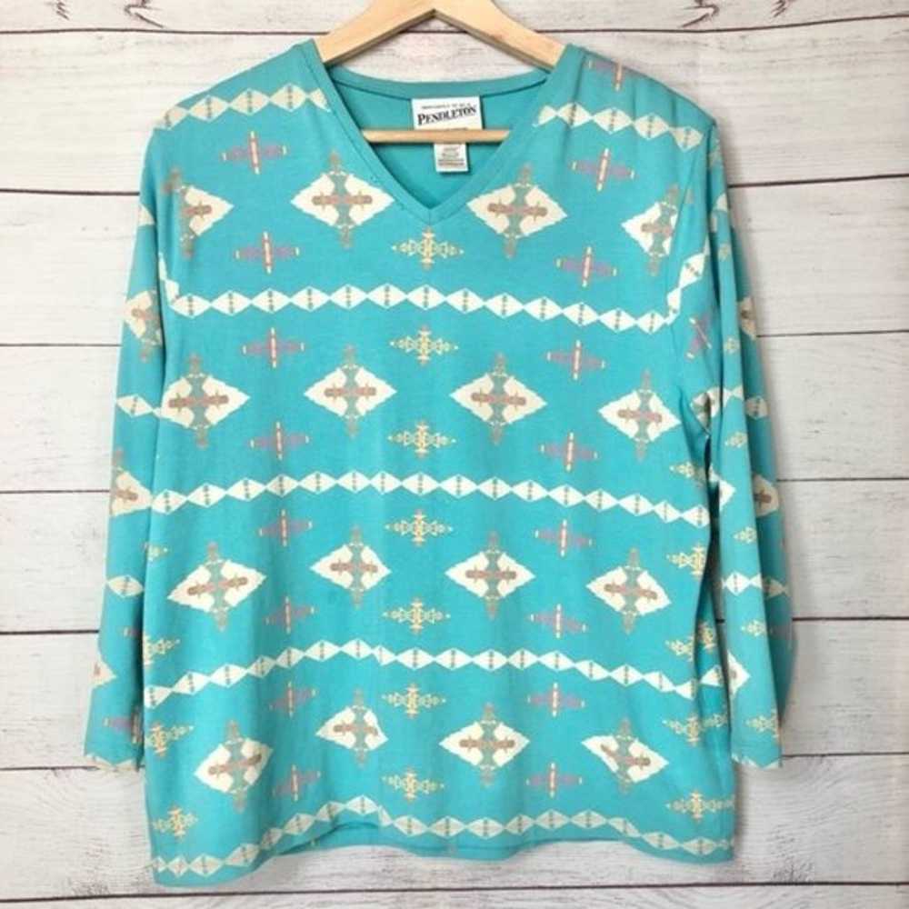 Pendleton Vintage Y2K Aztec Printed Blue Long Sle… - image 2