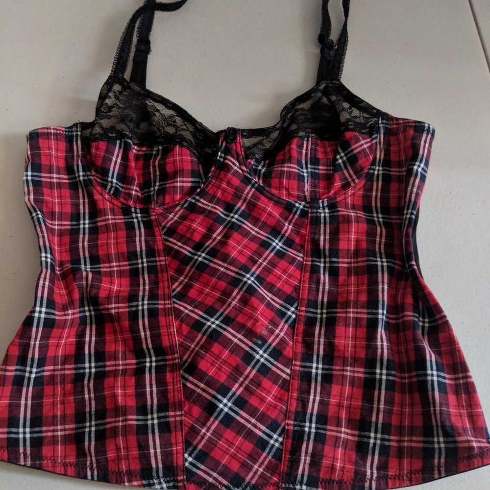 Women's Vintage Red Black Lace Plaid Bustier Cors… - image 2