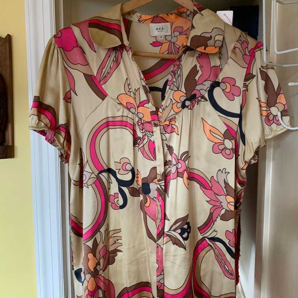 Eci New York Silk Cream & Pink Floral Blouse Size… - image 1