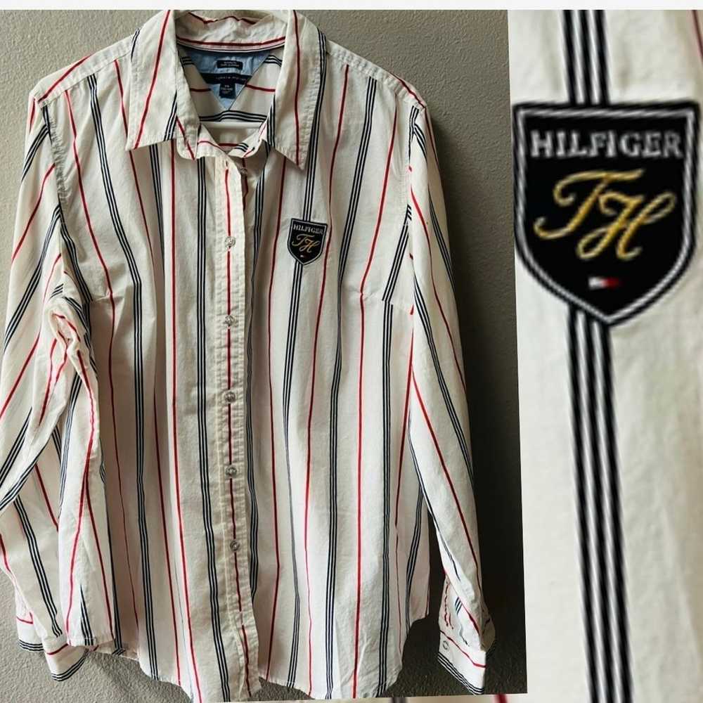 TOMMY HILFIGER VINTAGE WHITE W/RED& BLUE PINSTRIP… - image 1