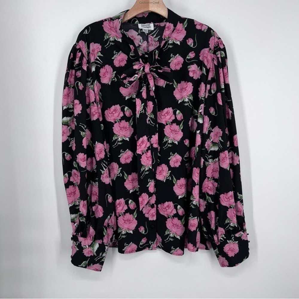 Unique Vintage Black Pink Floral Gwen Tie Neck Bu… - image 2