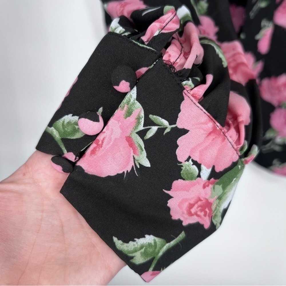 Unique Vintage Black Pink Floral Gwen Tie Neck Bu… - image 5