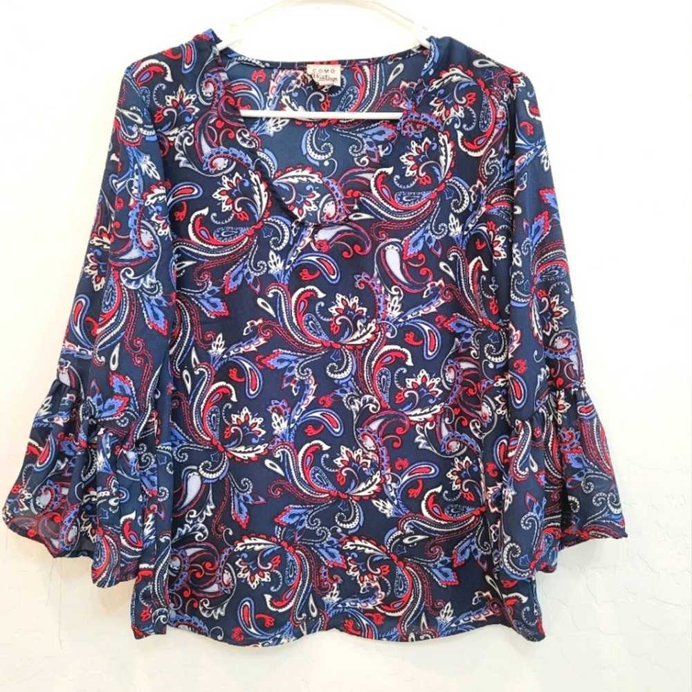 Como Vintage Blue & Red Paisley Print Blouse Top … - image 1