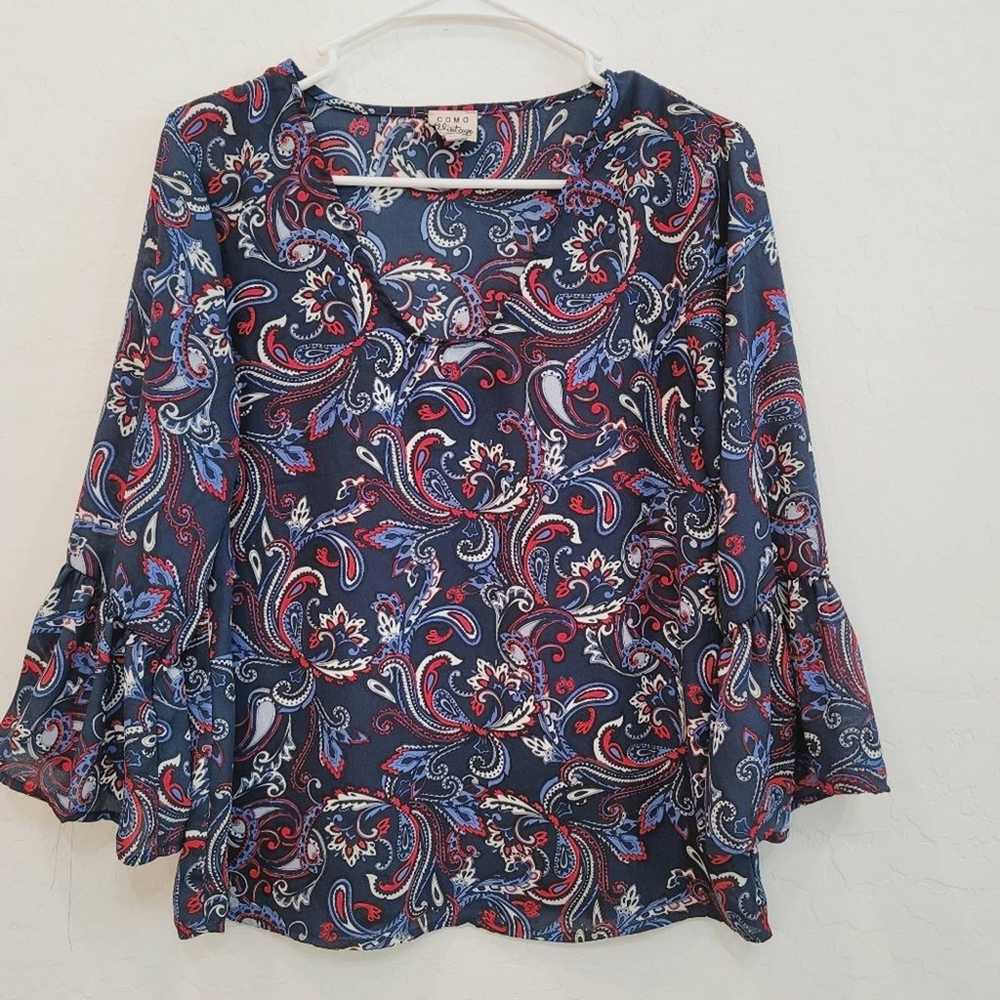 Como Vintage Blue & Red Paisley Print Blouse Top … - image 2