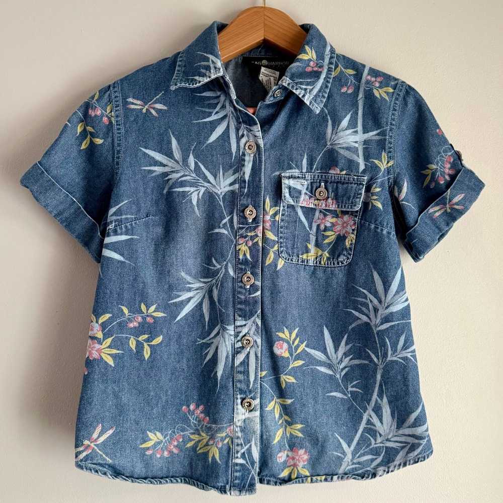 Vintage 90s Sag Harbor Denim Short Sleeve Floral … - image 1