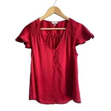 Lucky Brand Size Small Red Satin Top Flutter Slee… - image 1