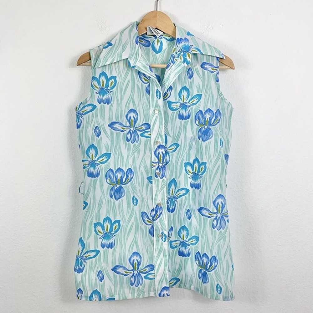 Vintage Top Button Sleeveless Collared Floral Blu… - image 1