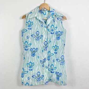 Vintage Top Button Sleeveless Collared Floral Blu… - image 1