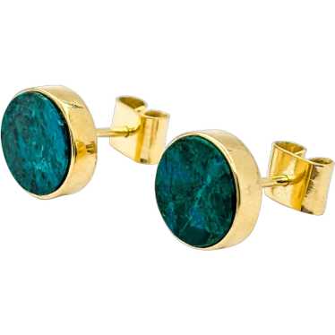 Bezel Malachite Round Stud Earrings in 18k Yellow… - image 1