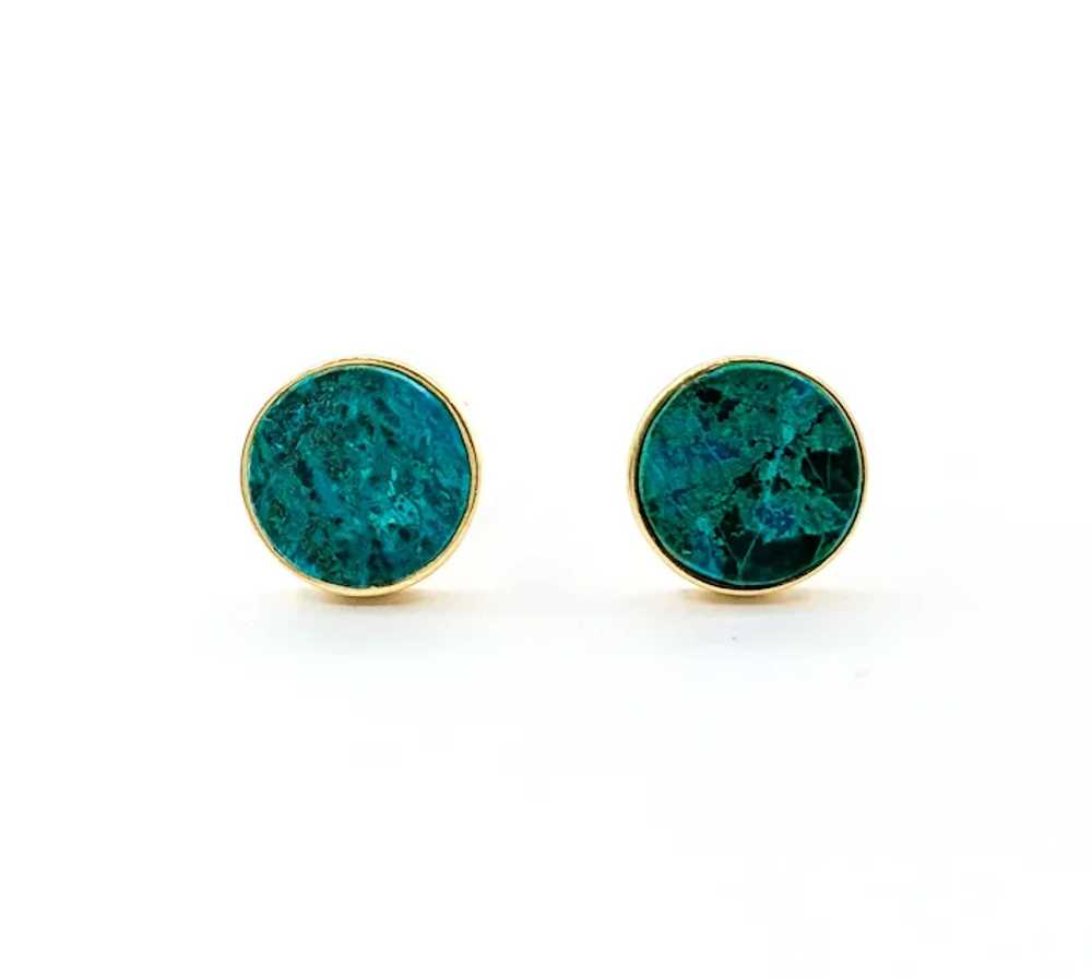 Bezel Malachite Round Stud Earrings in 18k Yellow… - image 3