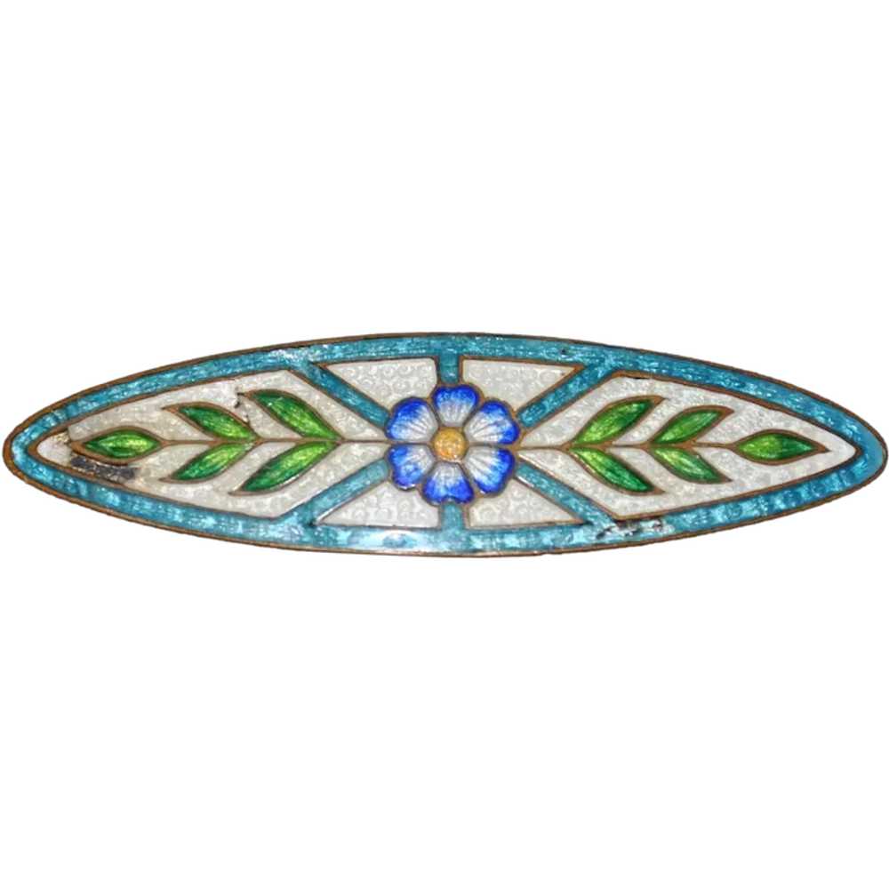 Guilloche Enamel Large Bar Brooch with Flower Ear… - image 1