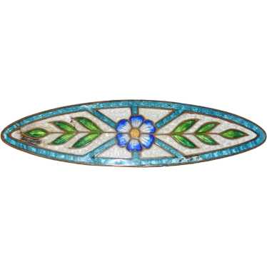 Guilloche Enamel Large Bar Brooch with Flower Ear… - image 1