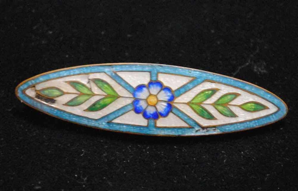 Guilloche Enamel Large Bar Brooch with Flower Ear… - image 2