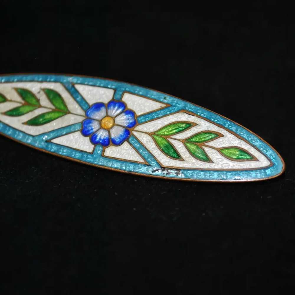 Guilloche Enamel Large Bar Brooch with Flower Ear… - image 3