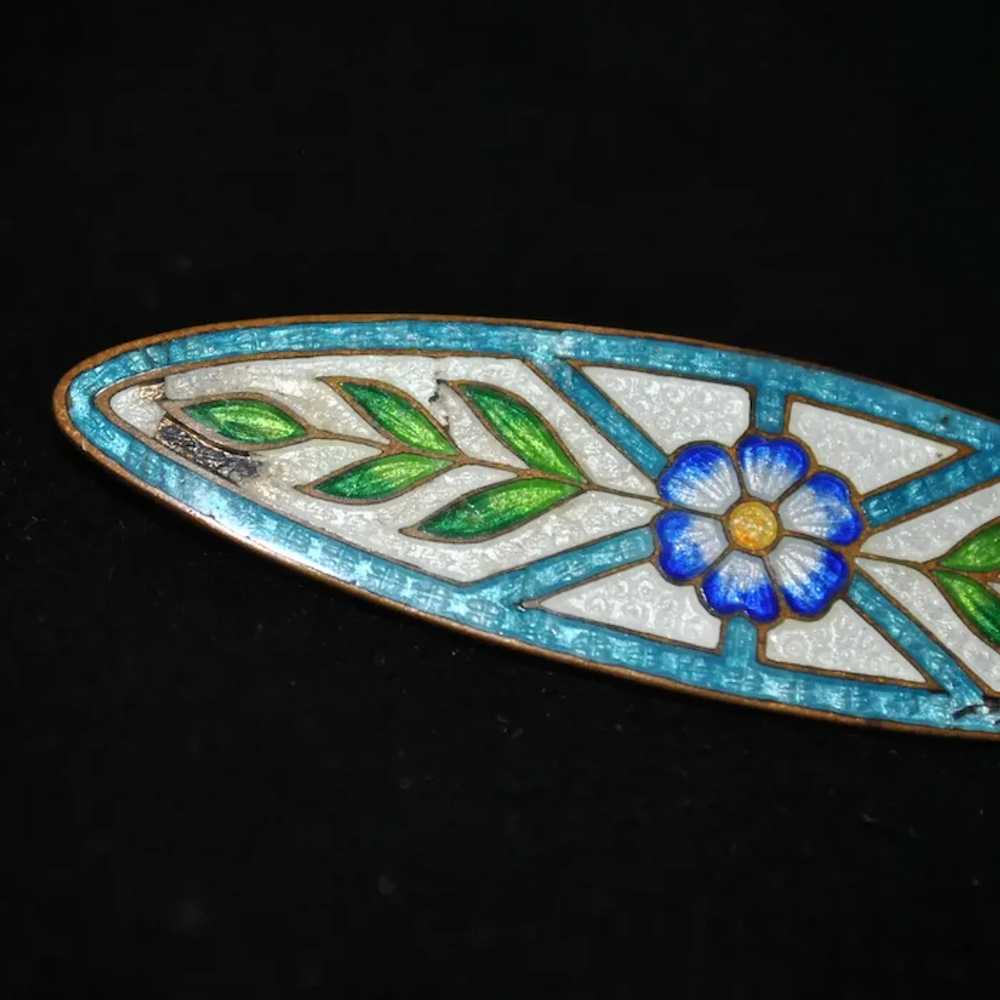 Guilloche Enamel Large Bar Brooch with Flower Ear… - image 4