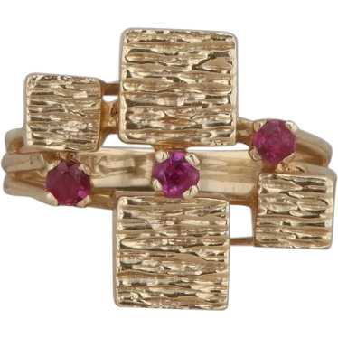 14k Yellow Gold Ruby Textured Cube Ring