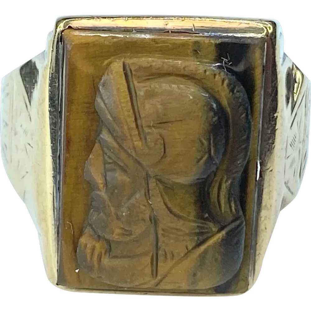 Mens 10K Yellow Gold Intaglio Cameo Tigers Eye Ri… - image 1