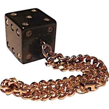 Bakelite, Black Die Cube & Rhinestone Chain Brace… - image 1