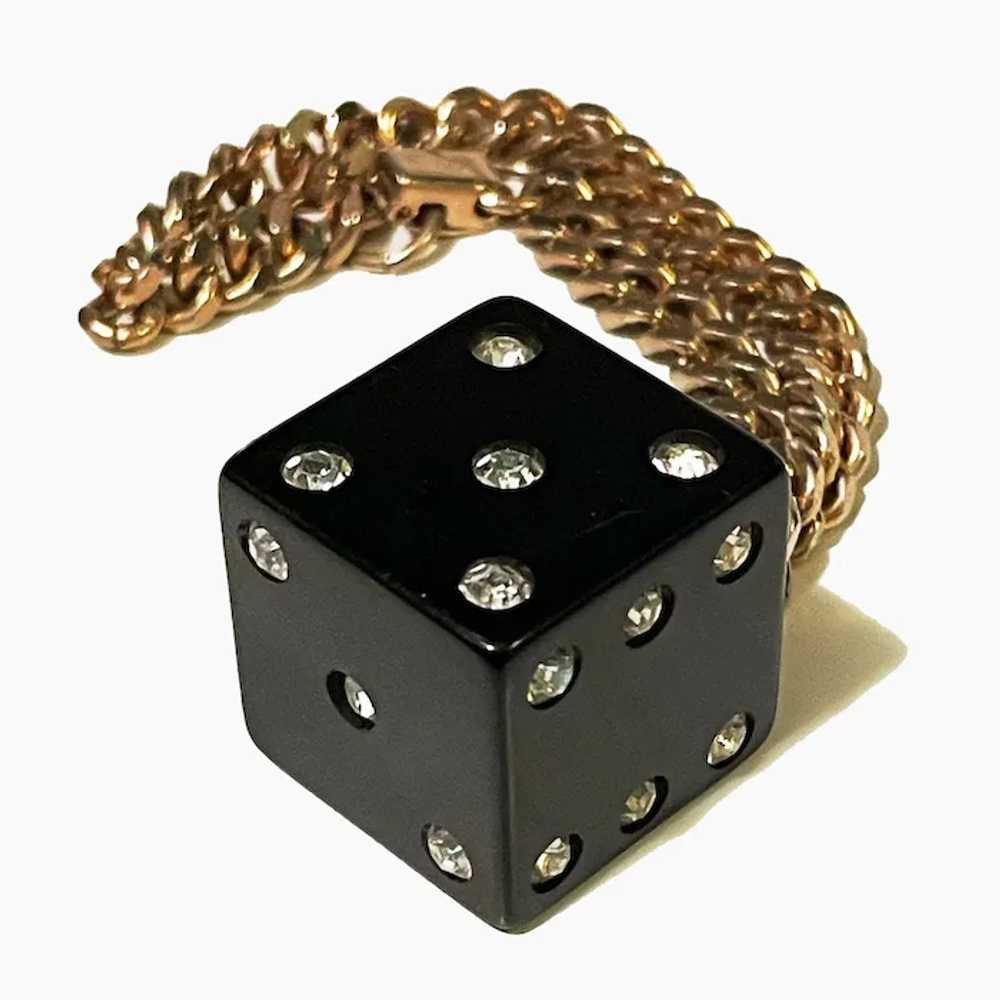 Bakelite, Black Die Cube & Rhinestone Chain Brace… - image 2