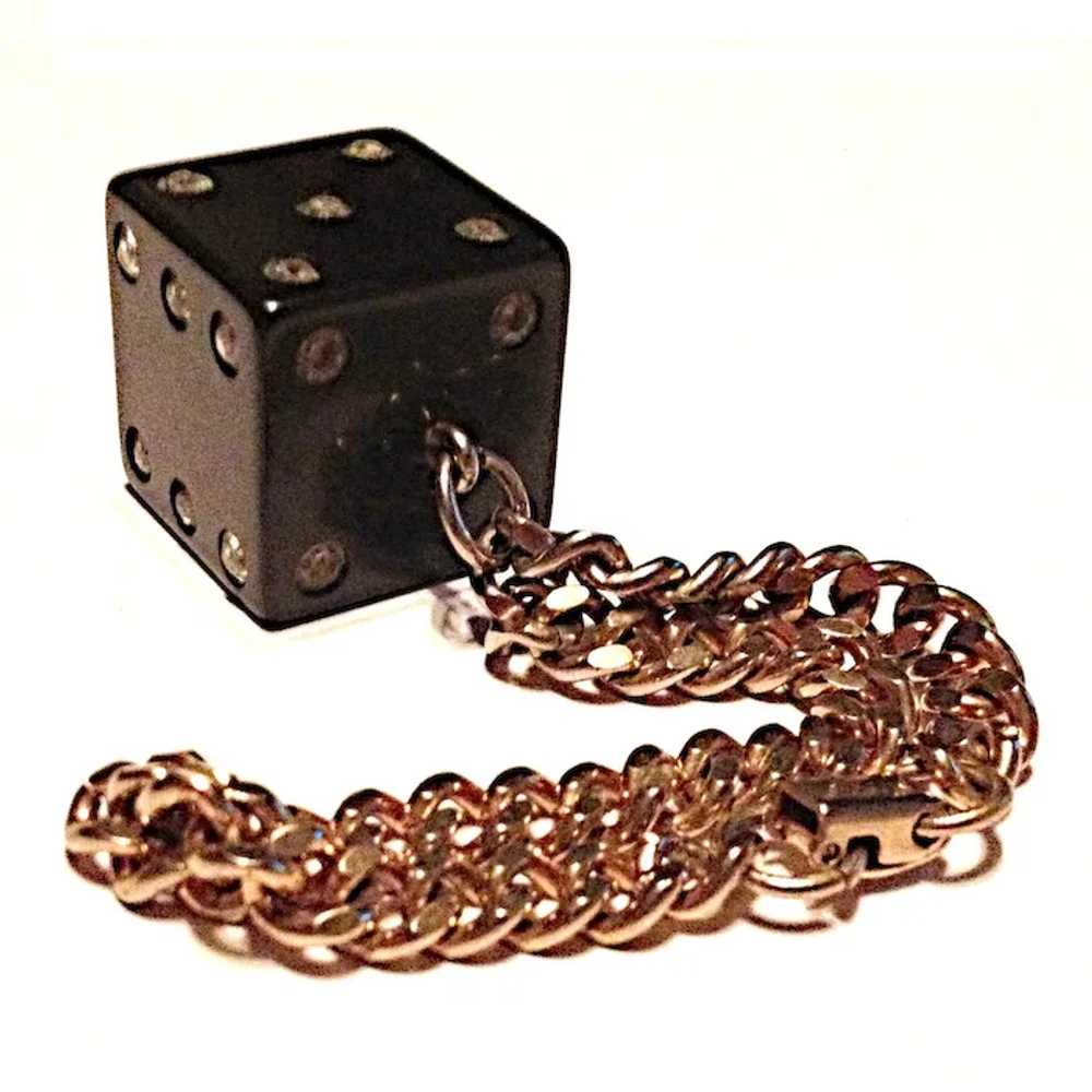 Bakelite, Black Die Cube & Rhinestone Chain Brace… - image 3