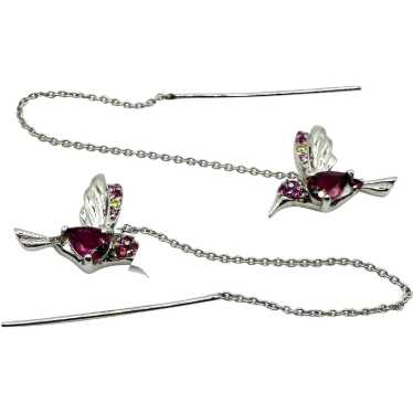 Garnet Hummingbird Sterling Threader Earrings - image 1