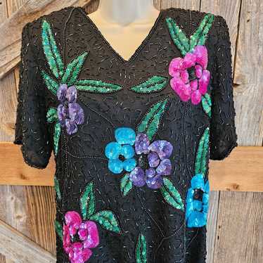 80s Floral Sequin Top Beaded Silk Blouse Bright G… - image 1