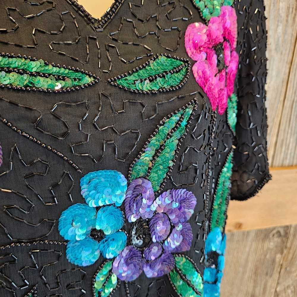 80s Floral Sequin Top Beaded Silk Blouse Bright G… - image 2