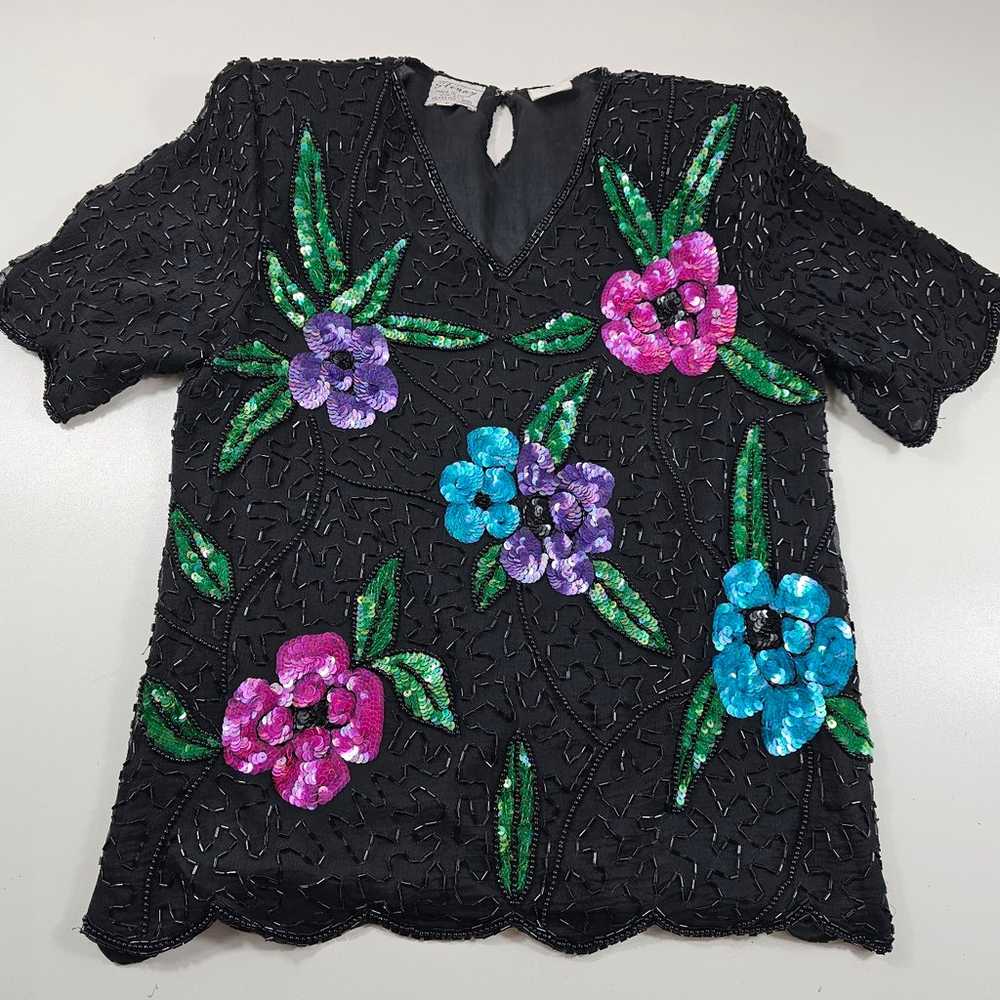 80s Floral Sequin Top Beaded Silk Blouse Bright G… - image 3