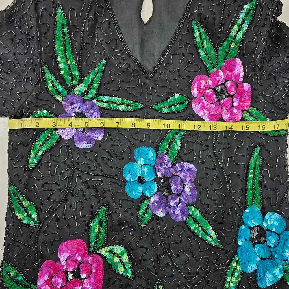 80s Floral Sequin Top Beaded Silk Blouse Bright G… - image 8