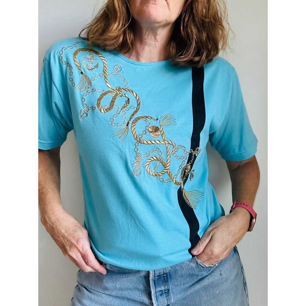 Vintage 80s Nautical T shirt Size Small Blue Gold… - image 1