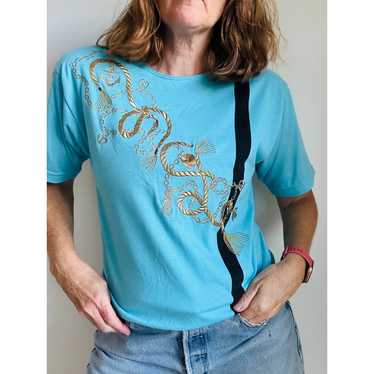 Vintage 80s Nautical T shirt Size Small Blue Gold… - image 1