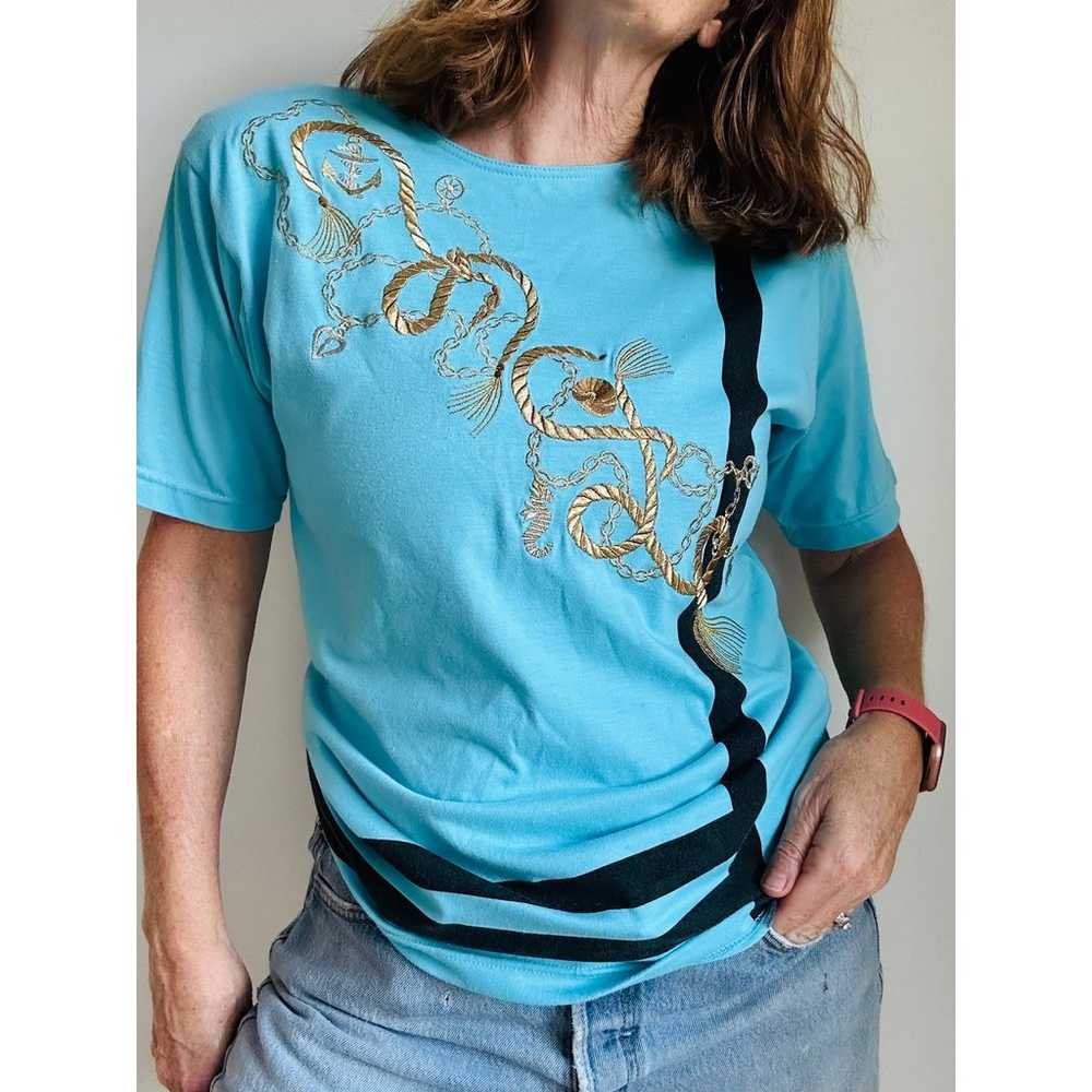 Vintage 80s Nautical T shirt Size Small Blue Gold… - image 9