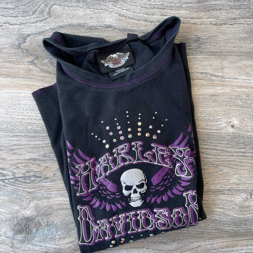 Harley Davidson black & purple skull motorcycle t… - image 1