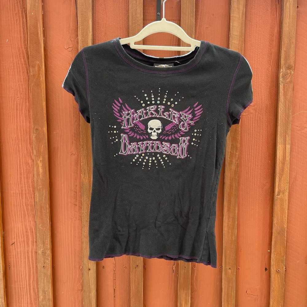 Harley Davidson black & purple skull motorcycle t… - image 2