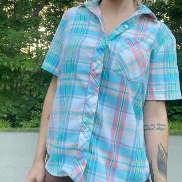 80s pastel plaid button down shirt - image 1